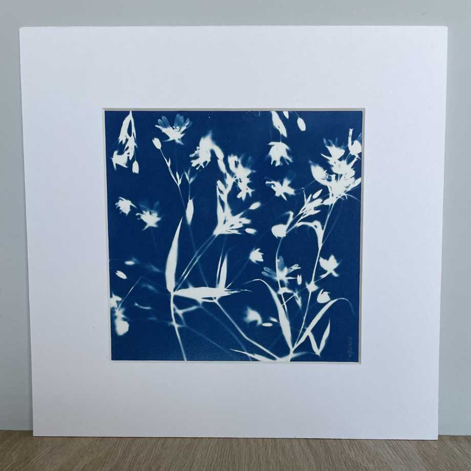 white flower silhouettes on blue background