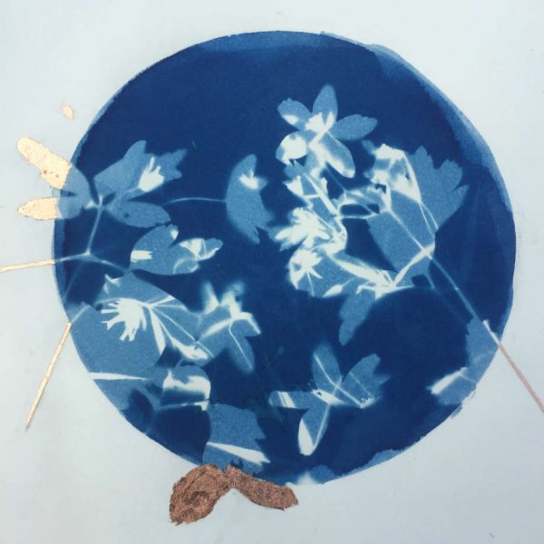 cyanotype blue white flowers copper leaf detail